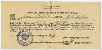 Aufforderung zur Teilnahme an einem Luftschutzlehrgang + Zeugnis, datiert 1937
