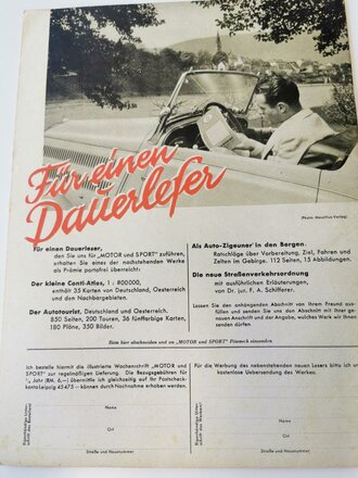 "Motor und Sport" - 14. August 1938 - Heft 33, 62 Seiten, gebraucht, DIN A4