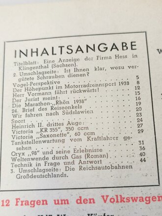 "Motor und Sport" - 14. August 1938 - Heft 33, 62 Seiten, gebraucht, DIN A4