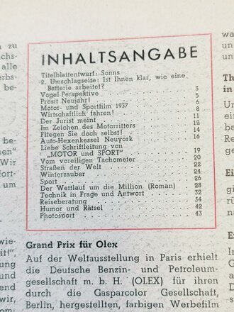 "Motor und Sport" - 2. Januar 1938 - Heft 1, 42 Seiten, gebraucht, DIN A4