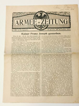 Armee-Zeitung, Nr. 291, St. Quentin, datiert 25. Novermber 1916