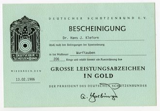 Deutscher Schützenbund, Bescheinigung über den Erhalt des Großen Leistungsabzeichens in Gold, datiert 1986