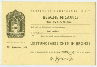 Deutscher Schützenbund, Bescheinigung über den Erhalt des Großen Leistungsabzeichens in Bronze, datiert 1984