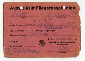 Ausweis für Fliegergeschädigte aus Dortmund, datiert 1943