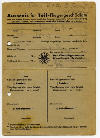 Ausweis für Teil-Fliegergeschädigte aus Dortmund, A5, datiert 1944