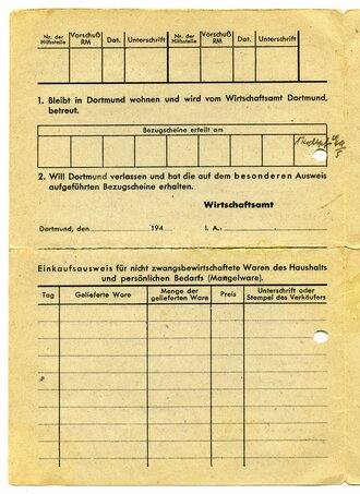 Ausweis für Teil-Fliegergeschädigte aus Dortmund, A5, datiert 1944