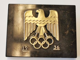 Olympische Spiele 1936 in Berlin, Dekorativer Erinnerungsgegenstand, Marmorplatte mit Auflage, Maße 10 x 13cm