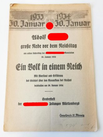 "Adolf Hitlers große Rede vor dem Reichstag", 30. Januar 1934, A5, 23 Seiten