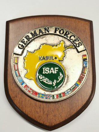Bundeswehr, dekorative Wandtafel "GERMAN FORCES ISAF", Maße ca 11 x 13 cm