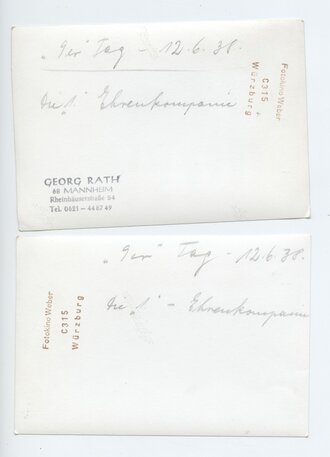 2 Fotos Rückseitig beschriftet "9er Tag 12.06.1938 - die 1. Ehrenkompanie", Maße 8 x 12 cm