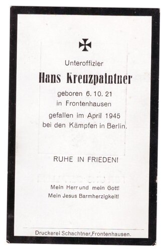Sterbekarte eines Unteroffiziers, gefallen April 1945 in...