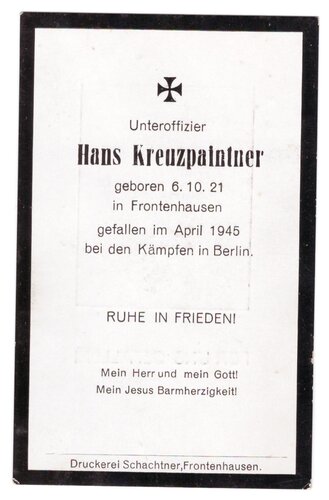 Sterbekarte eines Unteroffiziers, gefallen April 1945 in Berlin