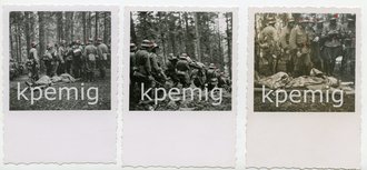3 Aufnahmen von Polizeiangehörigen nach Erstürmung eines Lagers mit Verwundeten, Waldgefecht bei Kotlic,  Maße 6 x 9 cm
