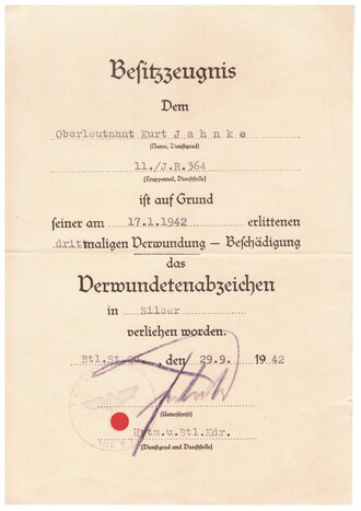 Verleihungsurkunden des Träger des Deutschen Kreuz in gold Kurt Jahnke. Das vorläufige Besitzzeugnis zum DK mit eigenhändiger Unterschrift Generalfeldmarschall Keitel