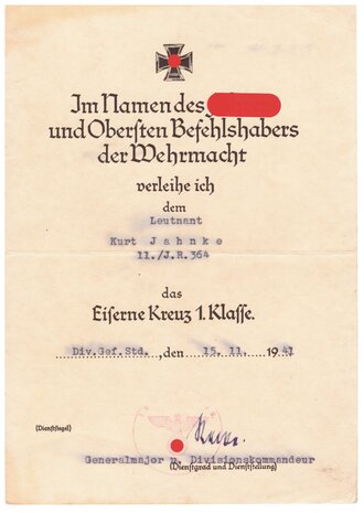 Verleihungsurkunden des Träger des Deutschen Kreuz in gold Kurt Jahnke. Das vorläufige Besitzzeugnis zum DK mit eigenhändiger Unterschrift Generalfeldmarschall Keitel