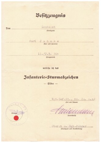 Verleihungsurkunden des Träger des Deutschen Kreuz in gold Kurt Jahnke. Das vorläufige Besitzzeugnis zum DK mit eigenhändiger Unterschrift Generalfeldmarschall Keitel