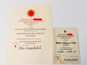 Träger des Deutschen Kreuz in gold und Kommandeur i.R 220 Stanislaus Dewitz gen. Krebs. Große Verleihungsurkunde zum DK in gold vom 15.11.1941 mit eigenhändiger Unterschrift von Brauchitsch, dazu die Verlhungsurkunde zur Spange zum EKI von 1940