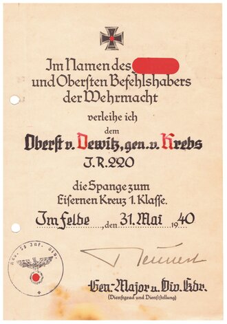 Träger des Deutschen Kreuz in gold und Kommandeur i.R 220 Stanislaus Dewitz gen. Krebs. Große Verleihungsurkunde zum DK in gold vom 15.11.1941 mit eigenhändiger Unterschrift von Brauchitsch, dazu die Verlhungsurkunde zur Spange zum EKI von 1940