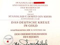 Träger des Deutschen Kreuz in gold und Kommandeur i.R 220 Stanislaus Dewitz gen. Krebs. Große Verleihungsurkunde zum DK in gold vom 15.11.1941 mit eigenhändiger Unterschrift von Brauchitsch, dazu die Verlhungsurkunde zur Spange zum EKI von 1940