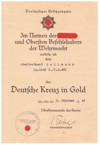 Urkunden des Träger des Deutschen Kreuz in gold und späteren Eichenlaubträgers  Othmar Pollmann
