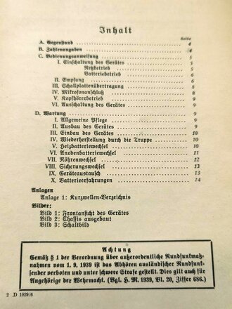 D1029/6 " Merkblatt zur Bedienung des Wehrmacht Rundfunkenpfängers WR1/P" vom 04.10.41 mit 14 Seiten plus Anlagen