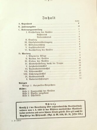 D1029/6 " Merkblatt zur Bedienung des Wehrmacht Rundfunkenpfängers WR1/P" vom 04.10.41 mit 14 Seiten plus Anlagen