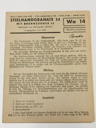 Waffentafel 14 " Stielhandgranate 24 " von 1940