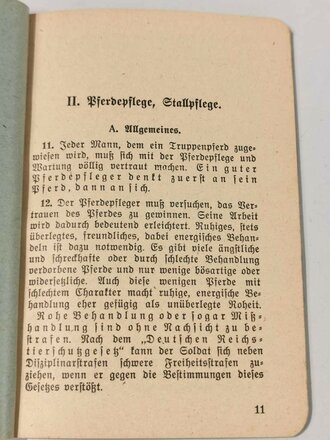 H.Dv.11/1 "Das Truppenpferd"  Heft 1 " Pferdepflege, Stallpflege, Füttern und Tränken" Berlin 1937 mit 71 Seiten