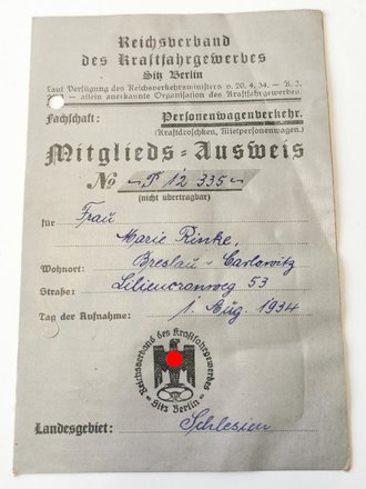 Reichsverband des Kraftwagengewerbes, Mitglieds Ausweis für eine Frau aus Breslau, ausgestellt 1934