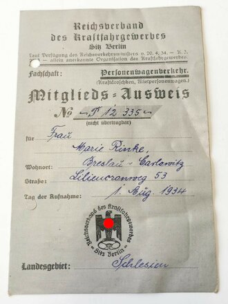 Reichsverband des Kraftwagengewerbes, Mitglieds Ausweis...