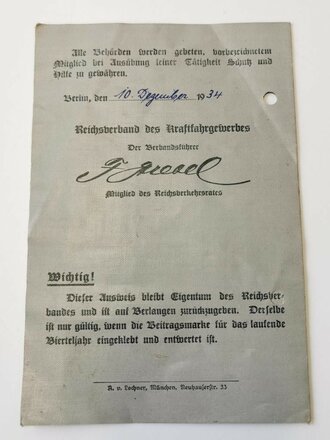 Reichsverband des Kraftwagengewerbes, Mitglieds Ausweis für eine Frau aus Breslau, ausgestellt 1934