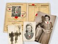 Reichsarbeitsdienst Paß für eine Angehörige der weiblichen Jugend aus Kattowitz. Getragenes Stück, dabei 3 Fotos, jeweils mit Brosche
