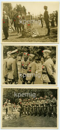 3 Aufnahmen, General beim Abschreiten einer Ehrenformation vor dem Gedenkstein der SS-Division Hohenstaufen, Auszeichnungen: Ritterkreuz d. Eisernen Kreuzes, Wiederholungsspange und Deutsches Kreuz in Gold, Maße 9 x 12 cm