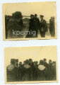2 Aufnahmen, General des Heeres, Ritterkreuz des Eisernen Kreuzes mit Eichenlaub im Kreise seiner Männer in Tranuniform , Maße 7 x 10 cm