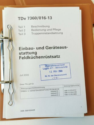 Bundeswehr "TDv 7360/016-13 Teil1-2-3 Einbau- und Geräteausstattung Feldküchenrüstsatz, Leicht gebraucht, 187 Seiten, 1 Stück