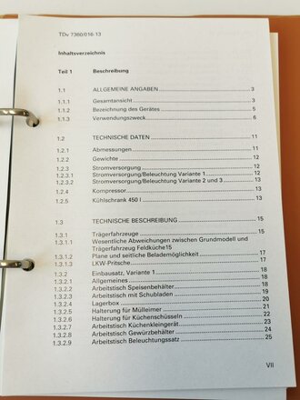 Bundeswehr "TDv 7360/016-13 Teil1-2-3 Einbau- und Geräteausstattung Feldküchenrüstsatz, Leicht gebraucht, 187 Seiten, 1 Stück