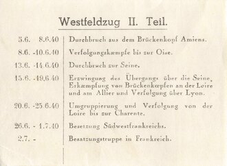 Westfeldzug 2. Teil, Einlage für einen Wehrpass, datiert 1940, Maße 9,5 x 7 cm