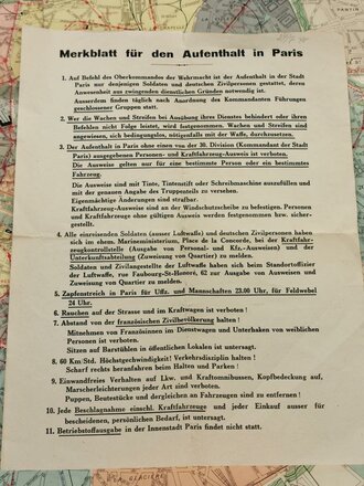 Aufenthalt in Paris, 3- teiliges Konvolut bestehend aus Merkblatt, Metro Fahrplan und Ausweis für die Innenstadt Paris, datiert 1940