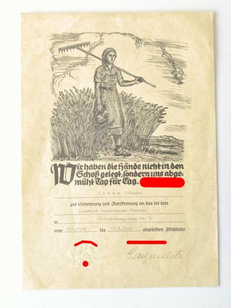 Reichsnährstand, Anerkennungsurkunde über ein abgeleistetes Pflichtjahr bei einem Landwirt, datiert 1939/40