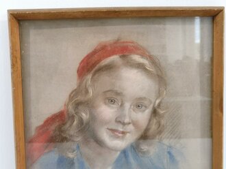 RAD, farbige Portrait-Zeichnung einer Arbeitsmaid, Original gerahmt, datiert Dezember 1944, Maße mit Rahmen: 38,5 x 46,5 cm