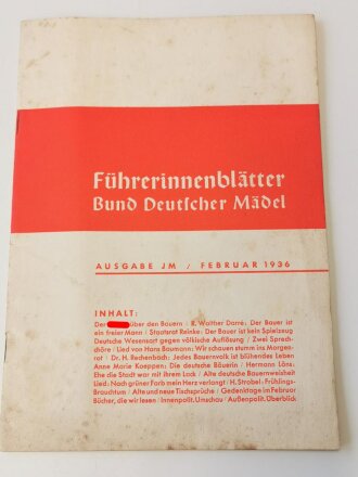 Führerinnenblätter "Bund Deutscher Mädel" Ausgabe JM Februar 1936, A5, 32 Seiten