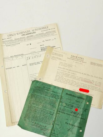 Opel 2 1/2to Pritschenwagen, Rechnung von 1936, Kraftfahrzeugschein und Bestätigung über "durch Feindeinwirkung zerstörtes" Fahrzeug