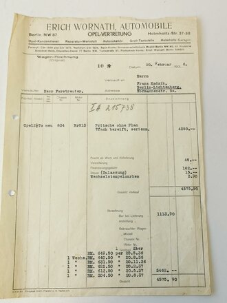 Opel 2 1/2to Pritschenwagen, Rechnung von 1936, Kraftfahrzeugschein und Bestätigung über "durch Feindeinwirkung zerstörtes" Fahrzeug