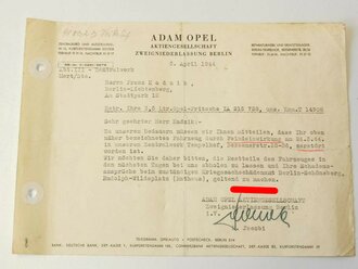 Opel 2 1/2to Pritschenwagen, Rechnung von 1936, Kraftfahrzeugschein und Bestätigung über "durch Feindeinwirkung zerstörtes" Fahrzeug