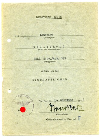Luftwaffe Jägerregiment 40, Urkundengruppe eines...