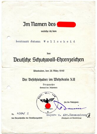 Luftwaffe Jägerregiment 40, Urkundengruppe eines Oberleutnant