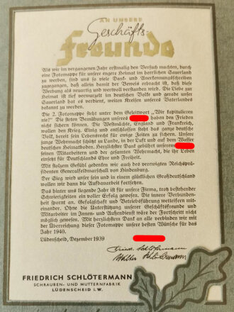 Präsentationsmappe des NS Musterbetrieb Friedrich Schlötermann Lüdenscheid " Wir kapitulieren nie ! 1939/40.  Das Anschreiben vorhanden, die darin beschriebene Bildfolge fehlt