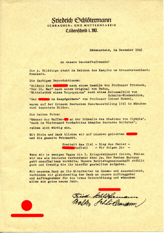 Präsentationsmappe des NS Musterbetrieb Friedrich Schlötermann Lüdenscheid " Wir kapitulieren nie ! 1939/40.  Das Anschreiben vorhanden, die darin beschriebene Bildfolge fehlt