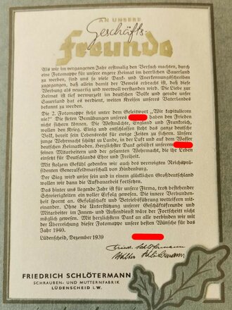 Präsentationsmappe des NS Musterbetrieb Friedrich Schlötermann Lüdenscheid " Wir kapitulierewn nie ! 1939/40.  Das Anschreiben vorhanden, die darin beschriebene Bildfolge fehlt