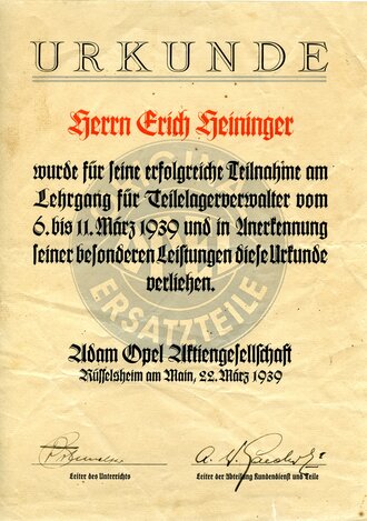 Adam Opel AG, Anerkennungsurkunde für erfolgreiche Teilnahme am Lehrgang für Lagerverwalter 1939, DIN A4
